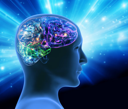 Power Of Mind, psychology and mental health concept. Human head with a luminous brain network, electrical activity, flashes and lightning.  3d renderの写真素材