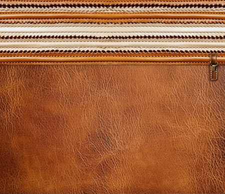 Brown leather background with striped border. Light brown and beige color cowhide texture. Mock up template. Copy space for textの写真素材