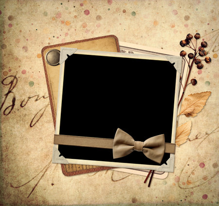Retro background with old photo, dry leaf and berries, vintage paper cards on paper texture. Nostalgic square scrapbooking backdrop. Mockup template. Copy space for textの写真素材