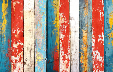 Texture of vintage wood boards with cracked paint of white, red, yellow and blue color. Horizontal retro background with old wooden planks of different colorsの写真素材