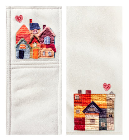 Home sweet home. Set of vertical banner, background, flyer, placard with cute felt house on suede texture. Template backdrop collection for scrapbooking design, decoration. Copy space for textの写真素材
