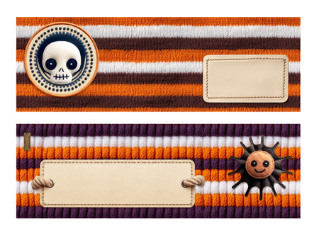 Set of Halloween banners with felt skull and spider, paper and leather tag and striped wool fabric. Collection of horizontal Halloween party invitation background. Mockup template. Copy space for textの写真素材