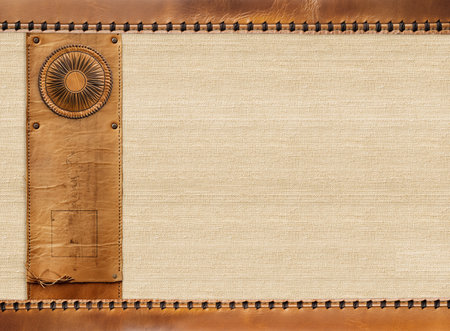 Brown leather background with striped border. Light brown and beige color cowhide texture. Mock up template. Copy space for textの写真素材
