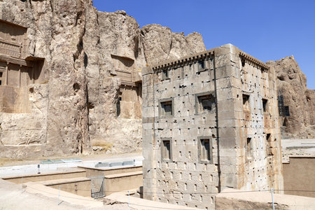 Royal tombs and Cube of Zoroaster (Ka'ba-ye Zartosht ) in ancient necropolis Naqsh-e Rustam, Achaemenid dynasty, Fars province, Iran. UNESCO world heritage siteのeditorial素材