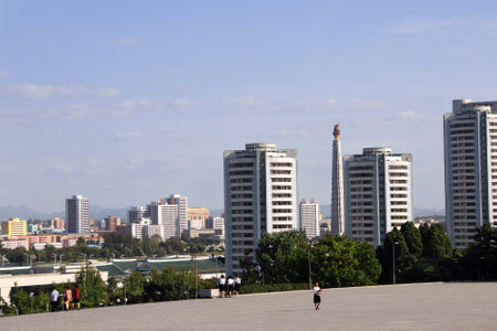 PYONGYANG, NORTH KOREA (DPRK) - SEPTEMBER 14, 2017:  Aerial view of capital city. Top view on of residential buildings and Tower of the Juche Idea. View from the of Great People's Study Houseのeditorial素材