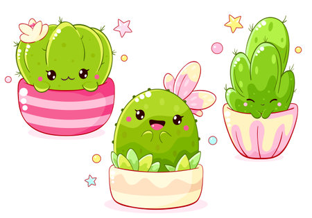 Set of stickers in kawaii style. Collection of cute cartoon cactus in flowerpot. Vector illustration EPS8のイラスト素材