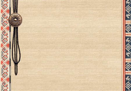 Horizontal tribal background with bronze amulet, decorative borders with ethnic pattern and canvas texture of beige color. Mock up template. Copy space for textの写真素材