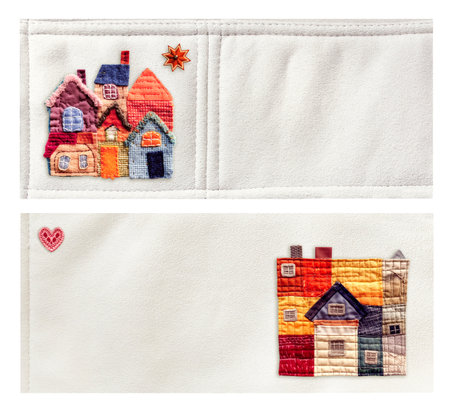 Home sweet home. Set of horizontal banner, background, flyer, placard with cute felt house on suede texture. Template backdrop collection for scrapbooking design, decoration. Copy space for textの写真素材