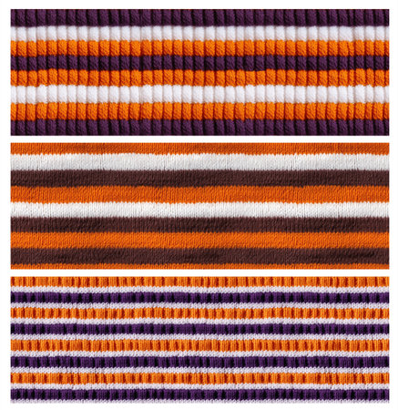Set of horizontal or vertical banners with wool sweater striped texture of dark orange, white, brown and purple color. Natural knitted wool material with Halloween colors. Knitted fabric textureの写真素材