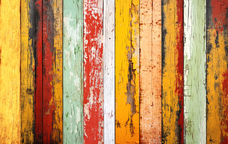 Texture of vintage wood boards with cracked paint of white, red, yellow, cyan and light green color. Horizontal retro background with old wooden planks of different colorsの写真素材