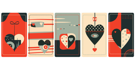 Set of Happy Valentines day and wedding card, banner, background, flyer, placard. Collection of Valentine cards, gift tags, labels or posters templates. Vector background with hearts in vintage colorsのイラスト素材
