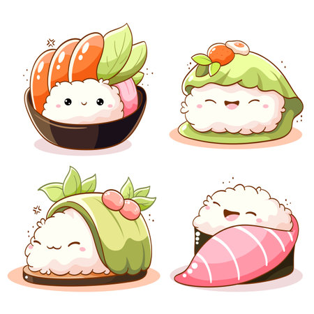 Set of cute sushi and rolls in kawaii style with smiling faces. Japanese traditional cuisine dishes. Can be used for t-shirt print, sticker, greeting card, menu design. Vector illustration EPS8のイラスト素材