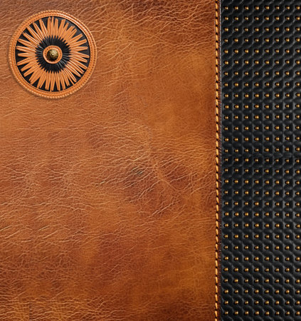 Leather background of brown and black colors with bronze rivets and round label. Decorative backdrop with brown and black color cowhide texture. Mock up template. Copy space for text. 3d renderの写真素材
