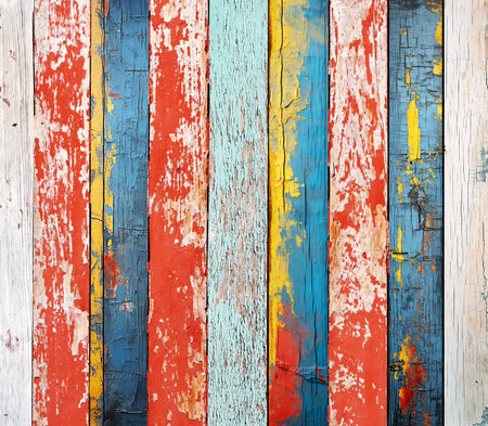 Texture of vintage wood boards with cracked paint of white, red, yellow and blue color. Horizontal retro background with old wooden planks of different colorsの写真素材