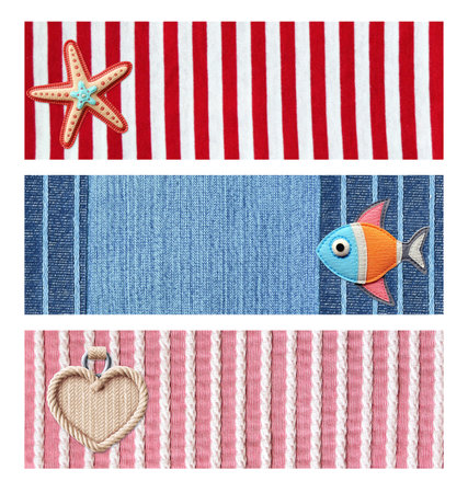 Set of vintage travel horizontal banner with felt fish and starfish, rope heart tag on a striped and denim fabric background. Collection of nautical vacation tag, badge, label. Copy space for textの写真素材