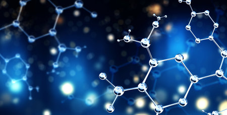 Horizontal banner with model of abstract molecular structure. Background of blue color with glass atom model. Copy space for your text. 3d renderの写真素材