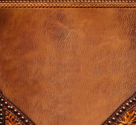 Leather background of brown and black colors with bronze rivets. Decorative backdrop with brown and black color cowhide texture. Mock up template. Copy space for textの写真素材