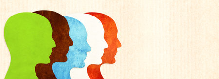 Together we are stronger. Horizontal banner with paper texture and abstract humans profiles of different colors. Concept - multicultural social unity of people of different races. Copy space for textの写真素材