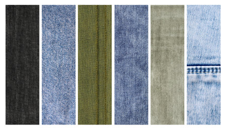 Set of vertical or horizontal banners with denim texture of different colors. Light blue, black, grey, green and navy color denim jeans fabric material. Copy space for textの写真素材