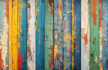 Texture of vintage wood boards with cracked paint of white, red, yellow and blue color. Horizontal retro background with old wooden planks of different colorsの写真素材