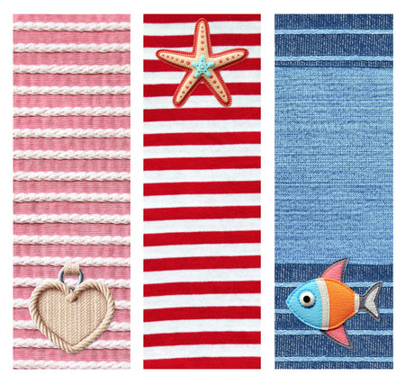 Set of vintage travel vertical banners with felt fish and starfish, rope heart tag on a striped and denim fabric background. Collection of nautical vacation tag, badge or label. Copy space for textの写真素材