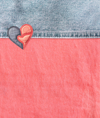 Pink and light blue denim background with a seam and felt heart. Coral and blue colors denim jeans fabric texture with heart-shaped textile patch. Valentine's day denim backdrop. Copy space for textの写真素材