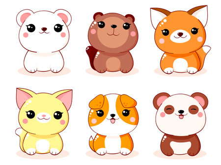 Set of cute little cartoon animals in kawaii style. Collection of lovely animal baby. Funny dog, cat, panda, beaver, fox, polar bear. Vector illustration EPS8のイラスト素材