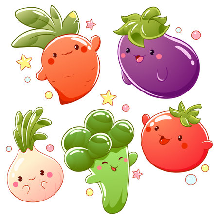Set of little carrot, eggplant, tomato, onion, broccoli in kawaii style. Tiny vegetables in multiple poses. Can be used for t-shirt print, sticker, greeting card design. Vector illustration EPS8のイラスト素材