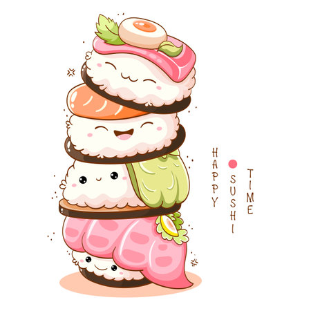 Stack of cute sushi and rolls in kawaii style with smiling faces. Japanese traditional cuisine dishes. Can be used for t-shirt print, sticker, greeting card, menu design. Vector illustration EPS8のイラスト素材