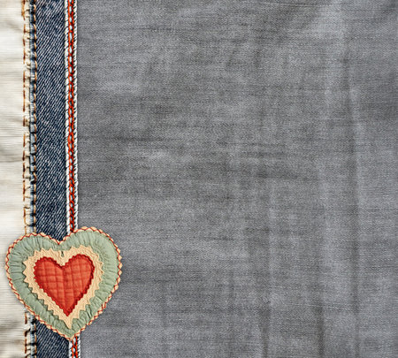Grey and light grey  denim background with a seam and felt heart. Light gray color denim jeans fabric texture. Valentine's day denim backdrop. Copy space for textの写真素材