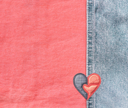 Pink and light blue denim background with a seam and felt heart. Coral and blue colors denim jeans...