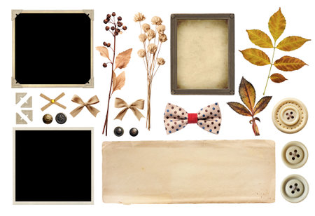 Collection of vintage elements for scrapbooking. Nostalgic set of retro photo, linen bows, dry pressed flower and leaf, buttons, paper corners for album. Mockup template. Isolated on white backgroundの写真素材