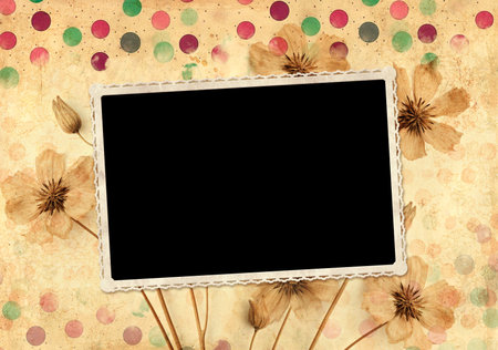 Retro background with photo frame and dry pressed leaf and flower. Nostalgic scrapbooking backdrop with old vintage photo and old paper texture with colorful polka dots pattern. Mockup templateの写真素材