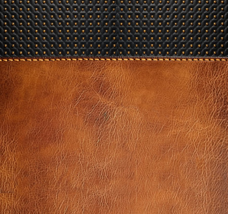 Leather background of brown and black colors with bronze rivetsl. Decorative backdrop with brown and black color cowhide texture. Mock up template. Copy space for text. 3d renderの写真素材