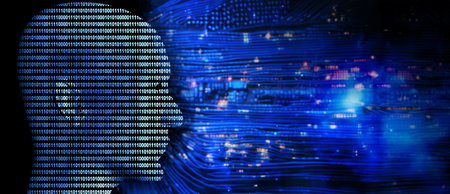 Horizontal futuristic background with human profile from a binary code and abstract circuit board....