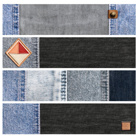 Set of horizontal or vertical banners with blue denim borders, leather label and black cotton texture. Decorative background with light blue and gray color denim jeans fabric. Copy space for textの写真素材