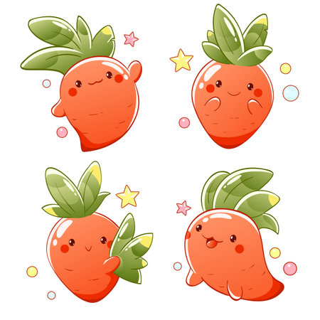 Set of little carrot in kawaii style. Tiny carrots in multiple poses. Cute carrot expression sheet collection. Can be used for t-shirt print, sticker, greeting card design. Vector illustration EPS8のイラスト素材