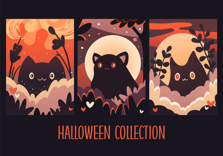 Set of Halloween eye-catching card, banner, background, flyer, placard with cute kitty ghosts. Collection of gift tag, label or poster template with little cat ghost. Vector illustration EPS8のイラスト素材