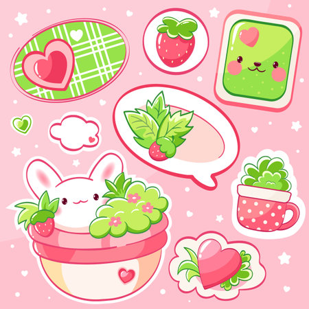 Illustration for Set of stickers with strawberry and little bunny in kawaii style. Cute eye-catching summer strawberry tag collection in pink and green colors. Vector illustration EPS8 - Royalty Free Image