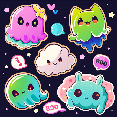 Set of little ghosts in kawaii style. Tiny monster in multiple poses. Cute monsters Halloween collection. Can be used for t-shirt print, sticker, greeting card design. Vector illustration EPS8のイラスト素材