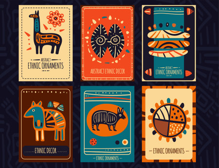 Set of eye-catching card, banner, background, flyer, placard with ethnic ornaments. Collection of cards, gift tags, labels or posters templates with african tribal motifs. Vector illustration EPS8のイラスト素材