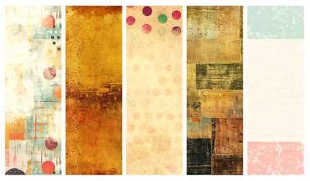 Set of vertical or horizontal banners with old paper texture and retro patterns with strips, dots and drops. Vintage backgrounds with grunge paper material. Copy space for textの写真素材