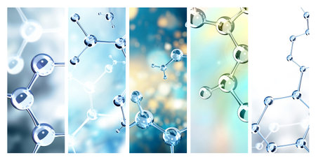Set of vertical banners with models of abstract molecular structure. Collection of backgrounds with glass atom model. Copy space for your text. Mock up template. 3d renderの写真素材