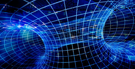 Horizontal futuristic background with mesh tunnel and abstract circuit board. Global communication, cyber technology and networking concept. 3d renderの写真素材