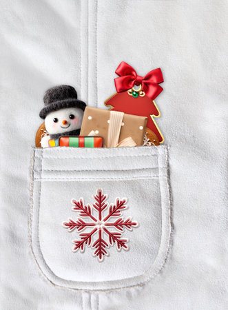 Vertical Christmas backdrop with gifts in pocket on suede texture of ivory color. Xmas background with toys and gift box in suede pocket of light beige color. Copy space for textの写真素材