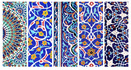 Set of vertical or horizontal banners with detail of ancient mosaic walls with floral and geometric ornaments. Collection of backgrounds with traditional iranian tile decorationsの写真素材