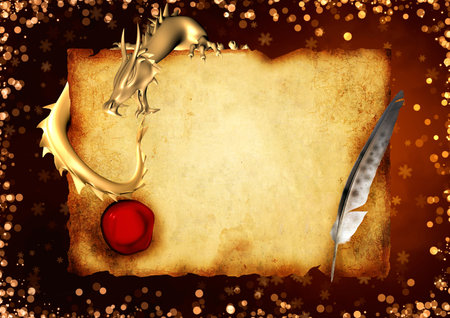 Chinese New year background with golden dragon and old parchment on red background with sparkles and snowflake. Horizontal Lunar New year backdrop with asian dragon. Copy space for text. 3d renderの写真素材