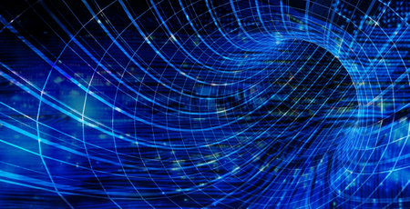 Horizontal futuristic background with mesh tunnel and abstract circuit board. Global communication, cyber technology and networking concept. 3d renderの写真素材