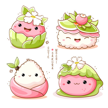 Stack of cute sakura mochi in kawaii style. Japanese traditional cuisine dish confectionery wrapped in cherry leaves. Can be used for t-shirt print, sticker, greeting card, menu design. Vector EPS8のイラスト素材