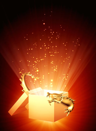 Chinese New year background with golden dragon and empty magic box on red background with sparkles. Vertical Lunar New year backdrop with asian dragon and gift box. 3d renderの写真素材